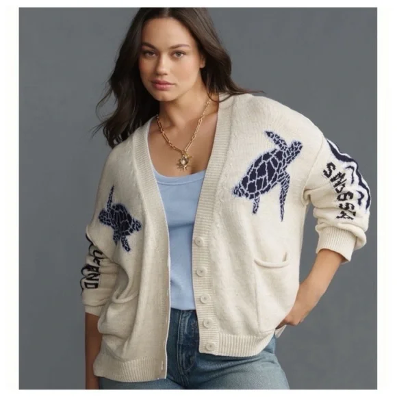NWT Anthropologie Pilcro Relaxed Sea Turtle Nautical Cardigan Sweater, S